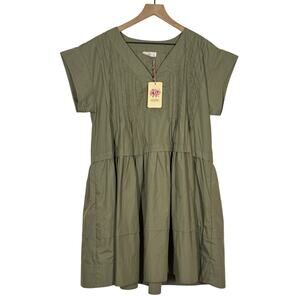 Entro Mini Dress NWT Womens Size Large Green V-Neck Tiered Short Sleeve Boho